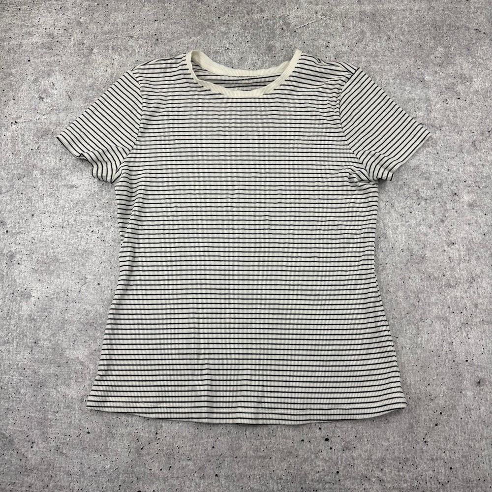 Nine West Soft Spun Black White Striped Ribbed Stretch Form Fitting Shirt Large